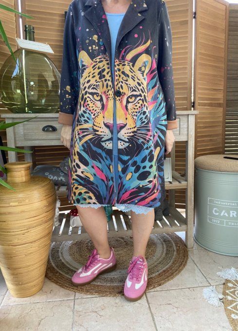 Veste longue suédine noire Le Léopard pop art multicolore du 36 au 46 et même + 