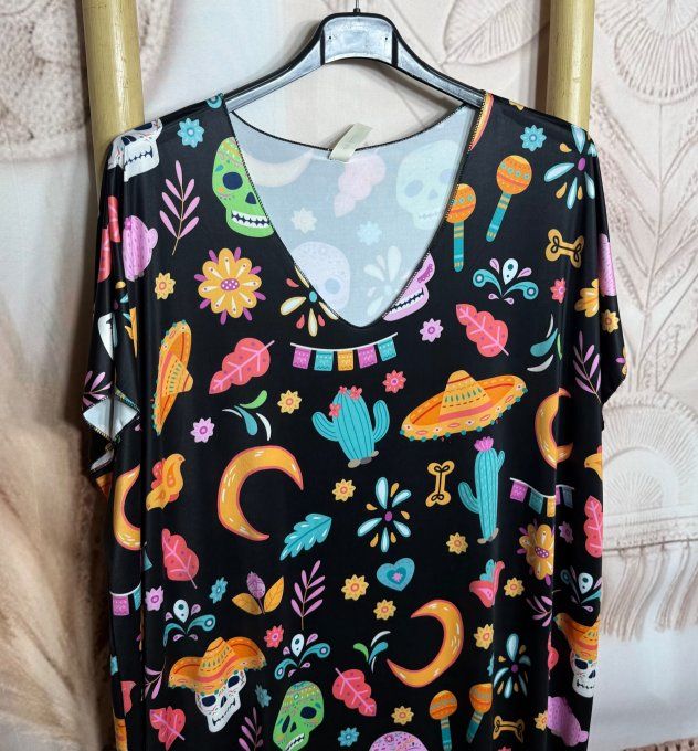 Robe mi-longue ample lycra noire Viva Mexican Skulls Calaveras du 42 au 54 