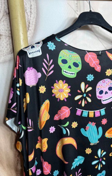 Robe mi-longue ample lycra noire Viva Mexican Skulls Calaveras du 42 au 54 