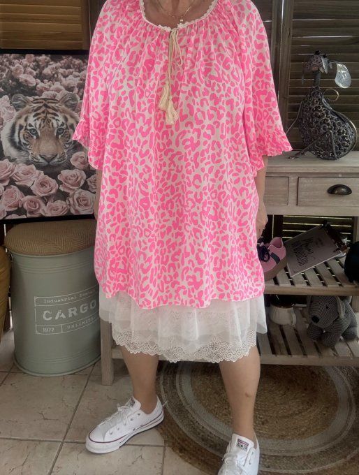 Blouse trapèze manches pagodes oversize animal rose fluo du 40 au 52  