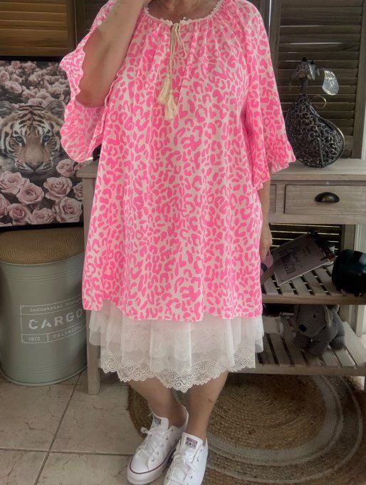 Blouse trapèze manches pagodes oversize animal rose fluo du 40 au 52  