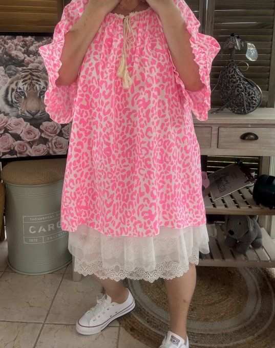 Blouse trapèze manches pagodes oversize animal rose fluo du 40 au 52  