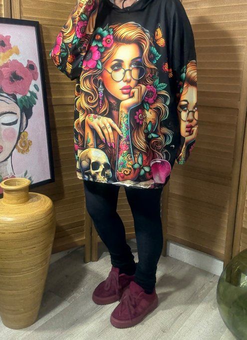 Sweat fin à capuche long noir Flowers Rainbow Tattoo Girl du 40 au 52/54 