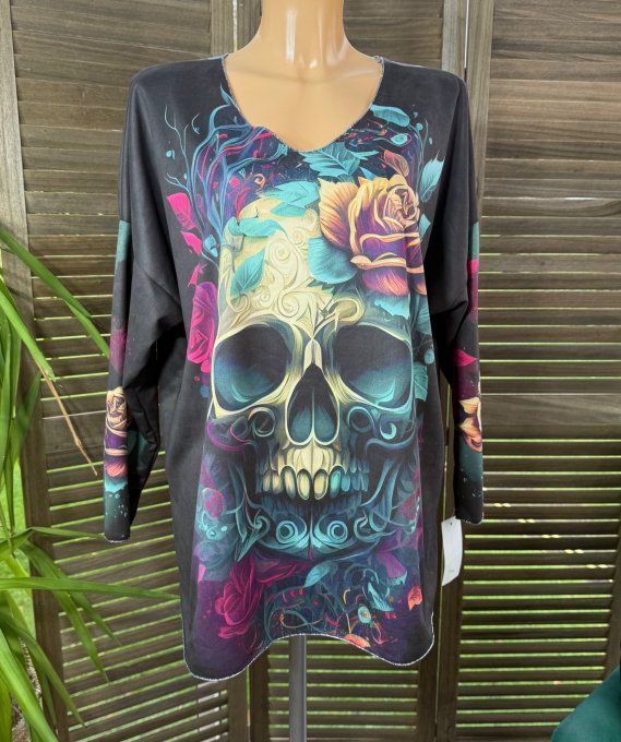 Top suédine noire Mexican Skulls Calavera douceur +++ du 38 au 48