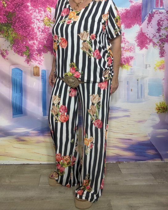 Ensemble Lycra tunique + pantalon palazzo cuisses larges rayé et fleurs multicolores du 40 au 54