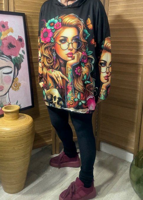 Sweat fin à capuche long noir Flowers Rainbow Tattoo Girl du 40 au 52/54 