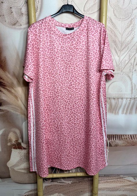 Robe-sweat ample Léopard rose pastel & rose foncé bandes côtés du 40 au 52 