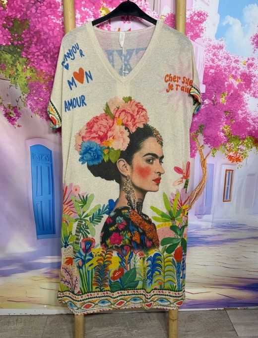 Robe droite longue Lurex pailleté doré Frida Kahlo Fleurs Mexican Vibes  du 38 au 48/50 