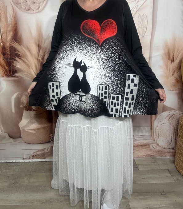 Top trapèze noir manches longues Les Chats amoureux au clair de Lune du 40 au 54/56