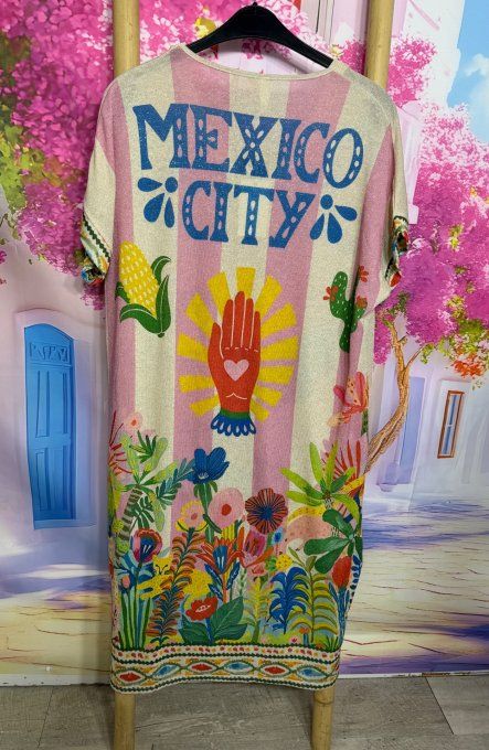 Robe droite longue Lurex pailleté doré Frida Kahlo Fleurs Mexican Vibes  du 38 au 48/50 