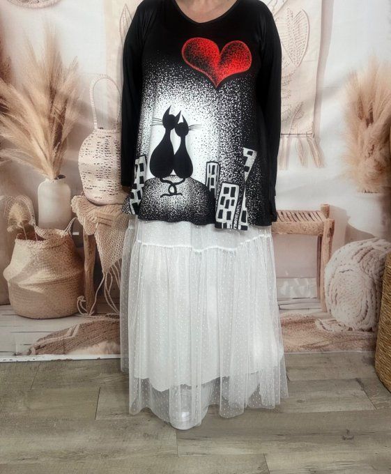 Top trapèze noir manches longues Les Chats amoureux au clair de Lune du 40 au 54/56