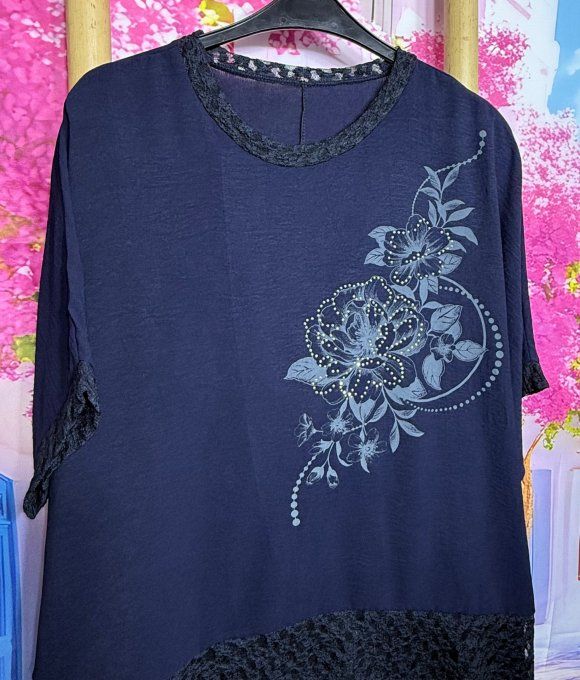Tunique oversize Marine dentelle noire Fleurs grises strass argentés du 42 au 56/58 