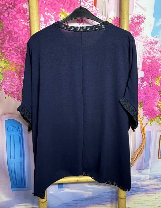 Tunique oversize Marine dentelle noire Fleurs grises strass argentés du 42 au 56/58 