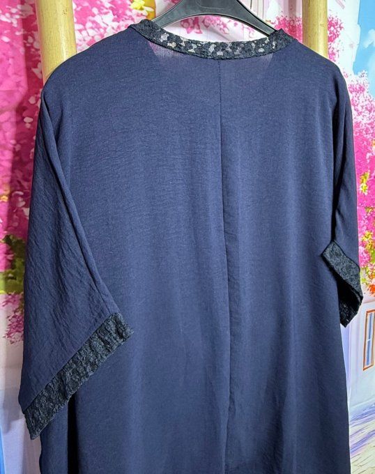 Tunique oversize Marine dentelle noire Fleurs grises strass argentés du 42 au 56/58 