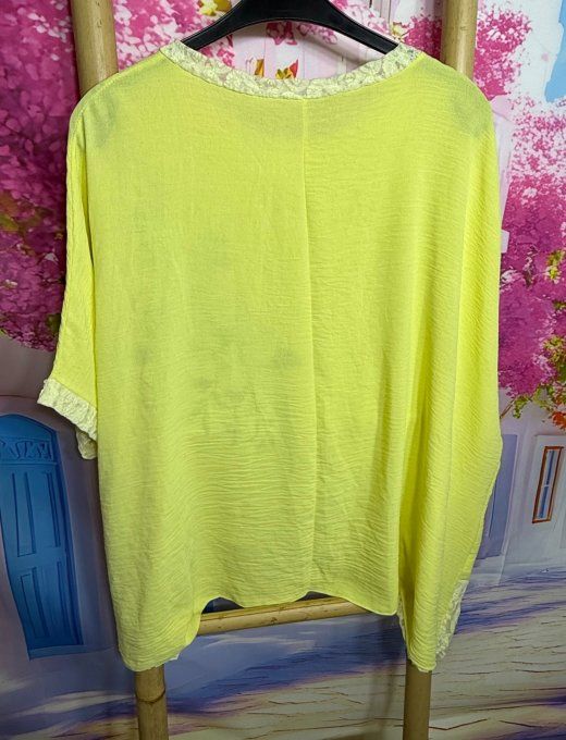 Tunique oversize jaune pastel dentelle assortie Fleurs marines strass argentés du 42 au 56/58
