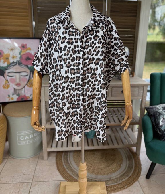 Chemise ample gaze de coton Léopard noir chocolat du 38 au 48 et même + si portée ouverte