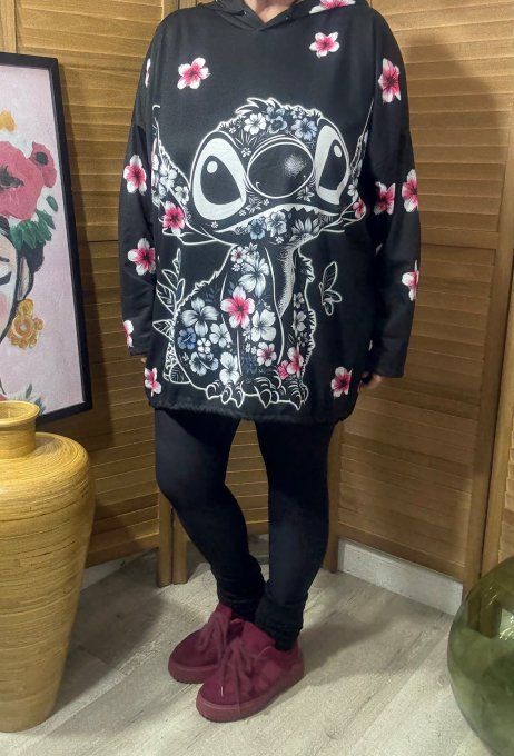 Sweat fin à capuche long noir Stitch en Fleurs du 40 au 52/54 