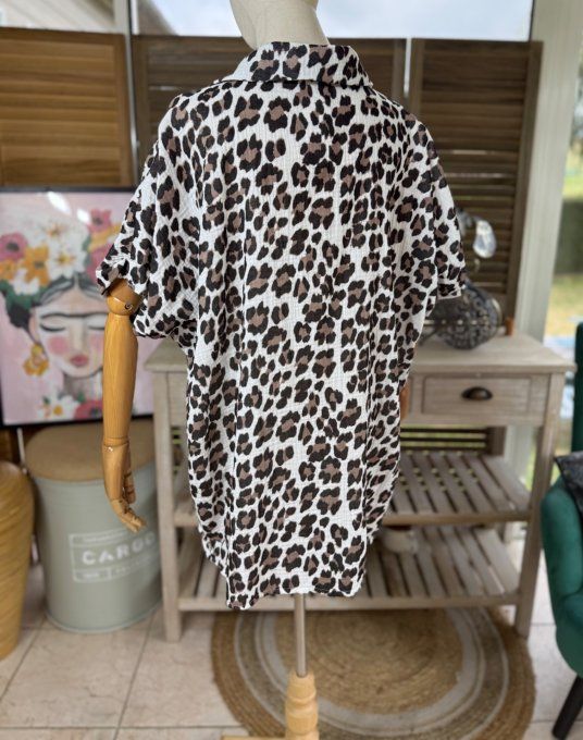 Chemise ample gaze de coton Léopard noir chocolat du 38 au 48 et même + si portée ouverte