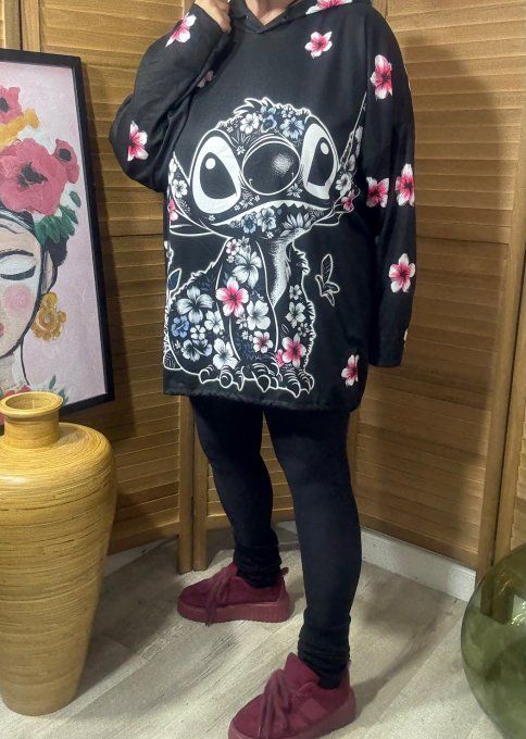 Sweat fin à capuche long noir Stitch en Fleurs du 40 au 52/54 