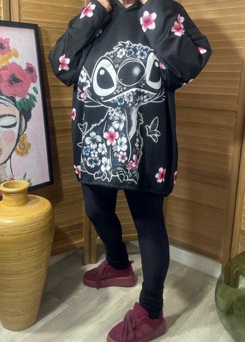 Sweat fin à capuche long noir Stitch en Fleurs du 40 au 52/54 