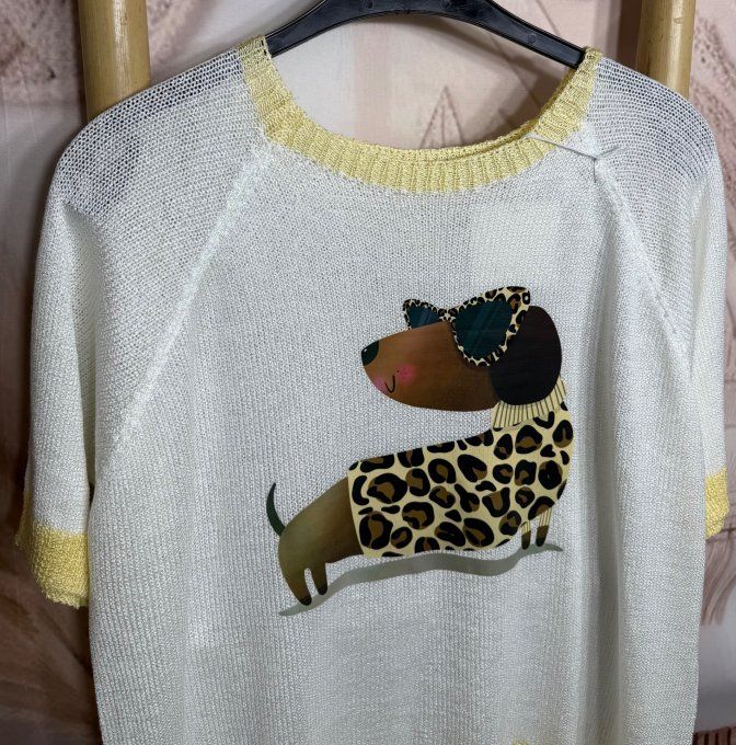 Pull fin SANS LAINE blanc & jaune clair L'Adorable Teckel Léopard du 40 au 50/52 