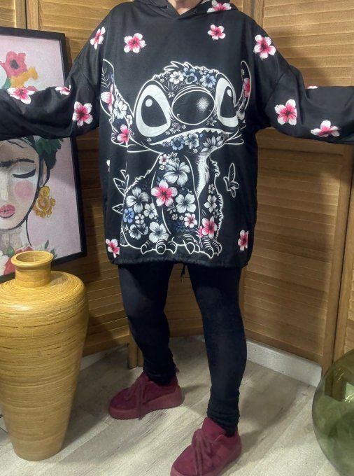 Sweat fin à capuche long noir Stitch en Fleurs du 40 au 52/54 
