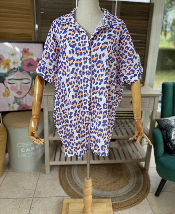 Chemise ample gaze de coton Léopard bleu royal & orange Fluo du 38 au 48 et même + si portée ouverte