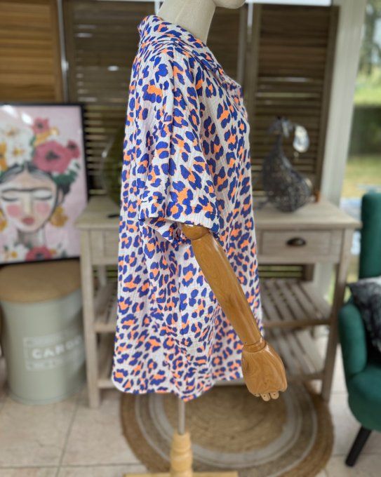 Chemise ample gaze de coton Léopard bleu royal & orange Fluo du 38 au 48 et même + si portée ouverte