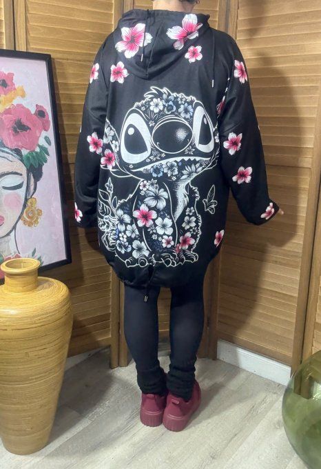 Sweat fin à capuche long noir Stitch en Fleurs du 40 au 52/54 