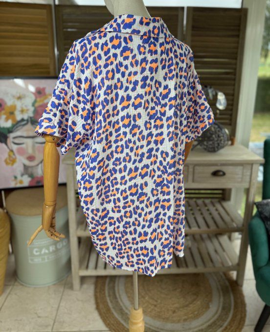 Chemise ample gaze de coton Léopard bleu royal & orange Fluo du 38 au 48 et même + si portée ouverte