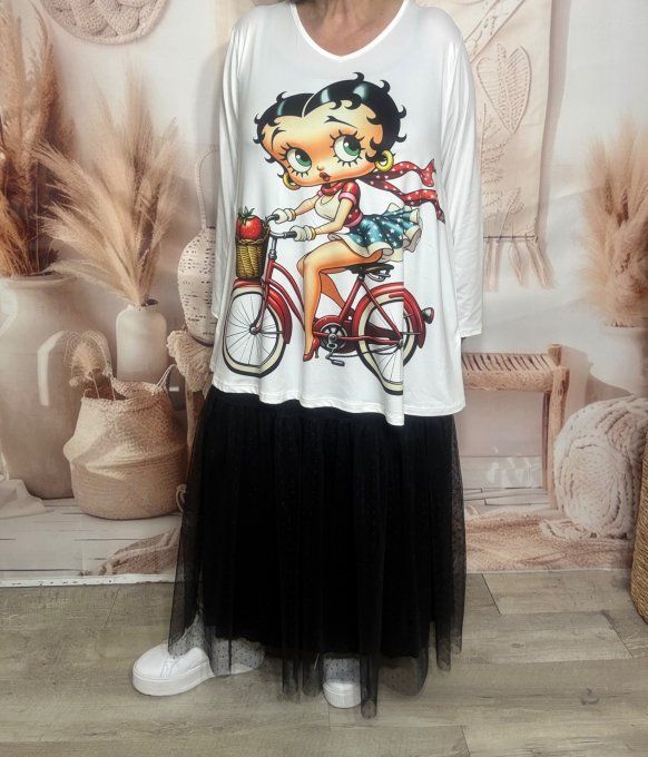 Top trapèze blanc manches longues Betty Boop à bicyclette du 40 au 54/56 