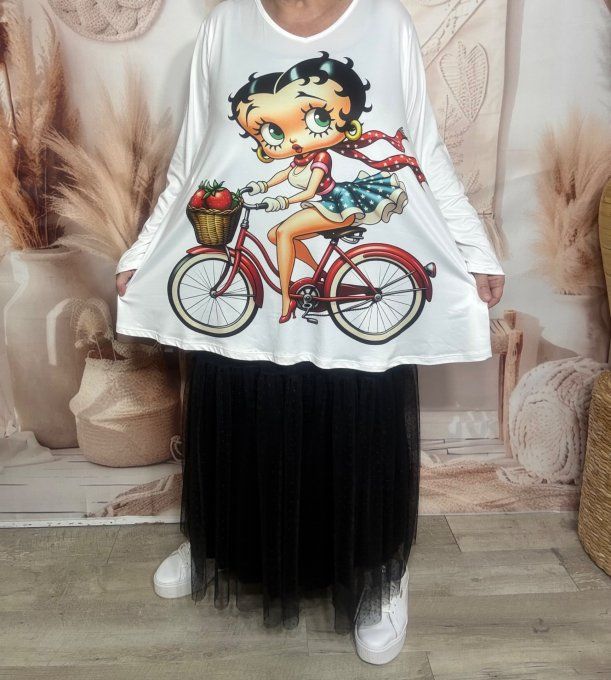 Top trapèze blanc manches longues Betty Boop à bicyclette du 40 au 54/56 