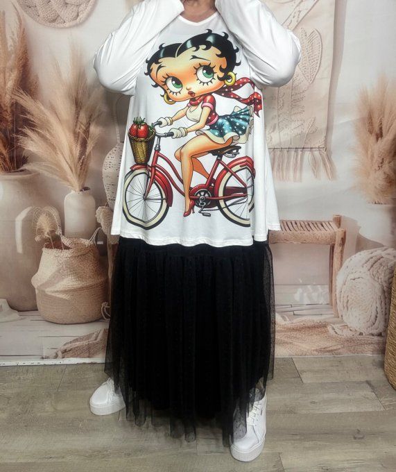 Top trapèze blanc manches longues Betty Boop à bicyclette du 40 au 54/56 