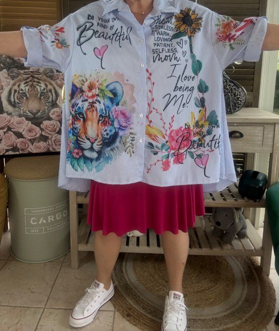 Chemise oversize rayée bleu & blanc  Le Majestueux Tigre multicolore du 40 au 52 