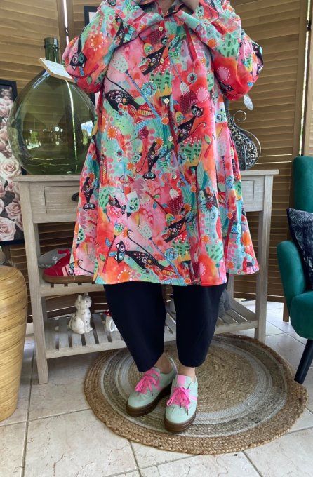 Chemise longue trapèze Les Chats en fleurs du 38 au 46 (et même + si portée ouverte)