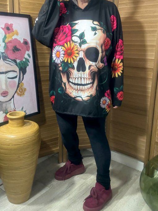 Sweat fin à capuche long noir Mexican Skulls Calavera & Flowers du 40 au 52/54