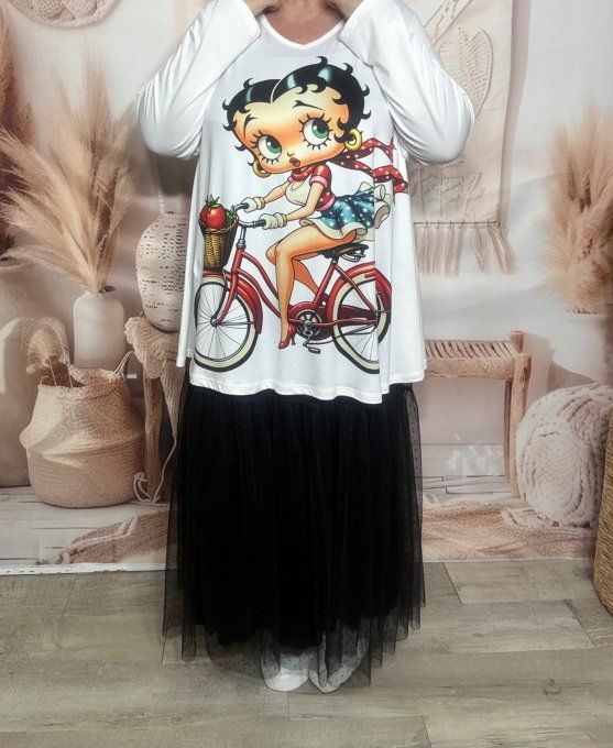 Top trapèze blanc manches longues Betty Boop à bicyclette du 40 au 54/56 