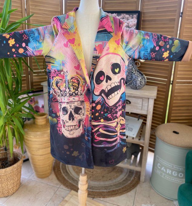Veste longue suédine multicolore Mexican Skulls Rainbow du 36 au 46 et même + 