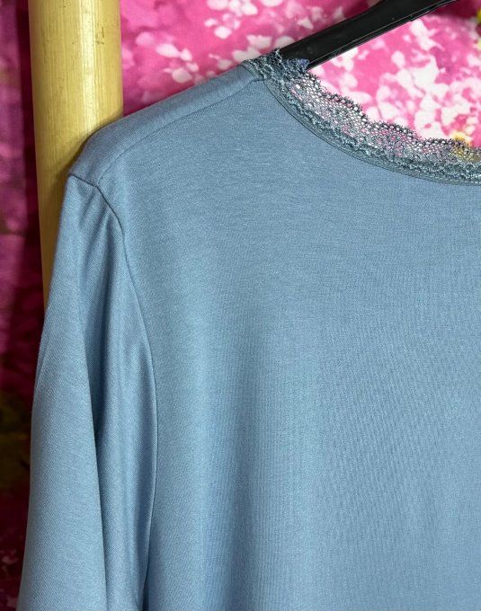 Top trapèze ample bleu jeans manches courtes & dentelle en bas et au col douceur +++ du 40 au 52/54 