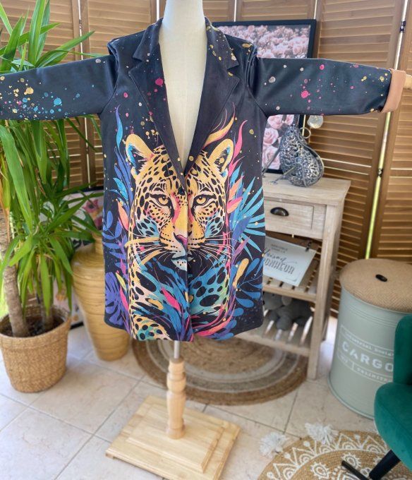 Veste longue suédine noire Le Léopard pop art multicolore du 36 au 46 et même + 