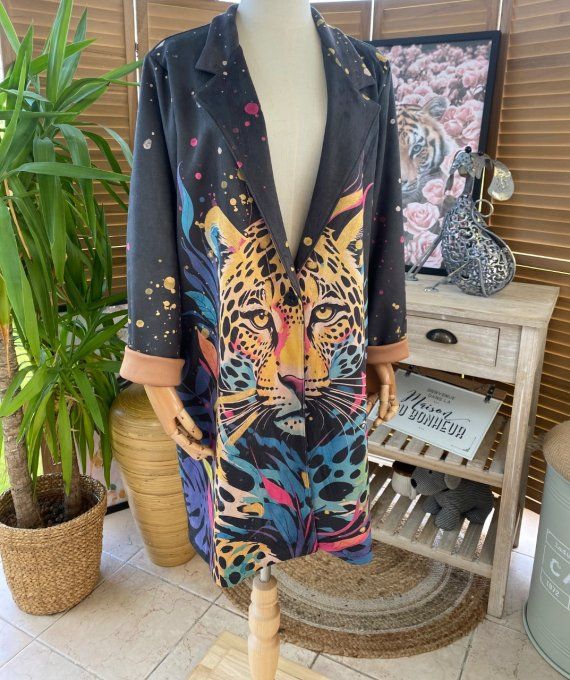 Veste longue suédine noire Le Léopard pop art multicolore du 36 au 46 et même + 