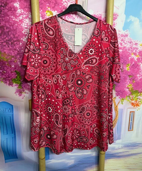 Ensemble Lycra tunique + pantalon palazzo cuisses larges Bandana Paisley rouge rosé du 40 au 54