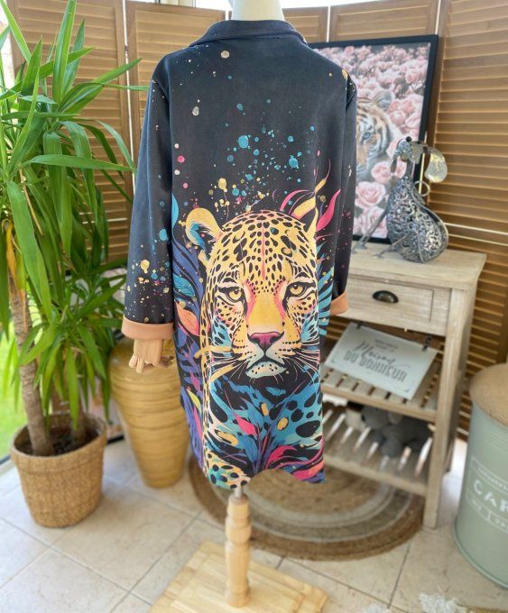 Veste longue suédine noire Le Léopard pop art multicolore du 36 au 46 et même + 