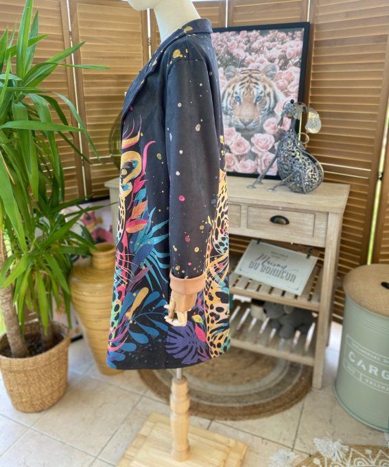 Veste longue suédine noire Le Léopard pop art multicolore du 36 au 46 et même + 