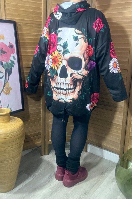 Sweat fin à capuche long noir Mexican Skulls Calavera & Flowers du 40 au 52/54