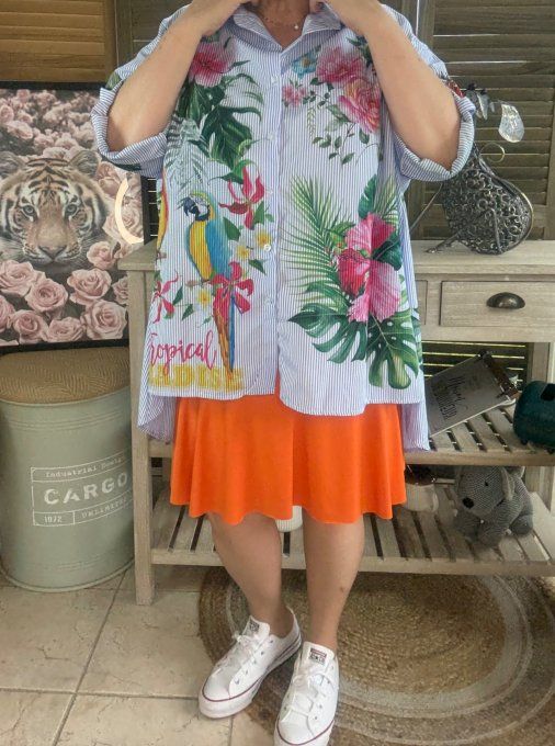 Chemise oversize rayée bleu & blanc Jungle Tropicale Perroquets du 40 au 52  