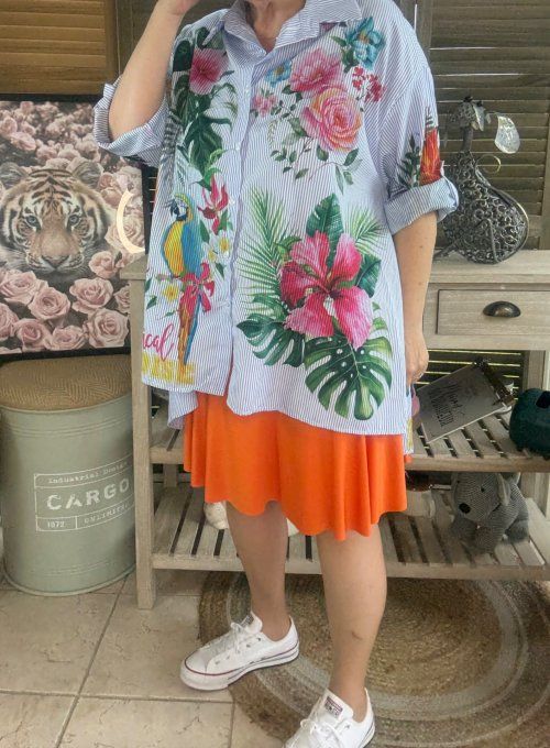 Chemise oversize rayée bleu & blanc Jungle Tropicale Perroquets du 40 au 52  