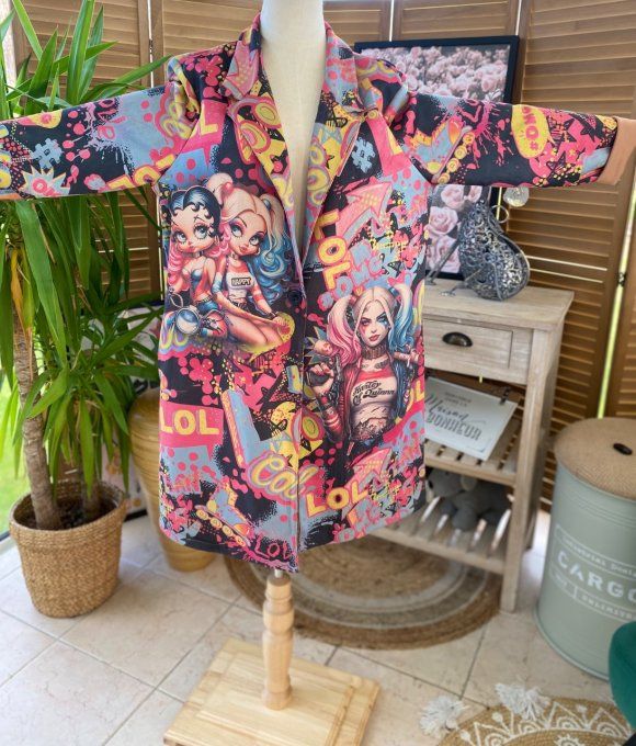 Veste longue suédine multicolore Gothic Betty Boop & friends du 36 au 46 et même + 