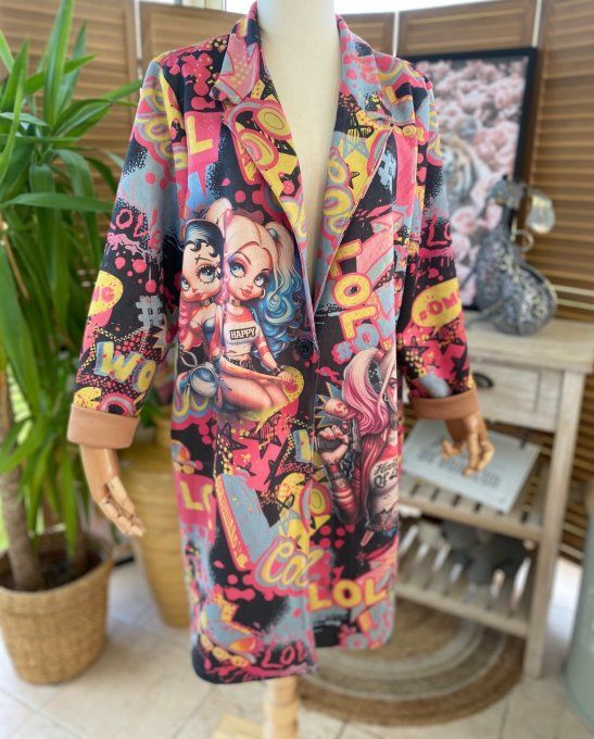 Veste longue suédine multicolore Gothic Betty Boop & friends du 36 au 46 et même + 