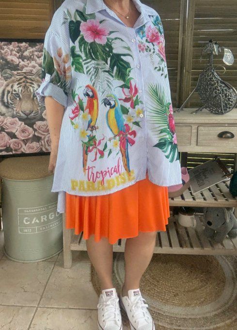 Chemise oversize rayée bleu & blanc Jungle Tropicale Perroquets du 40 au 52  